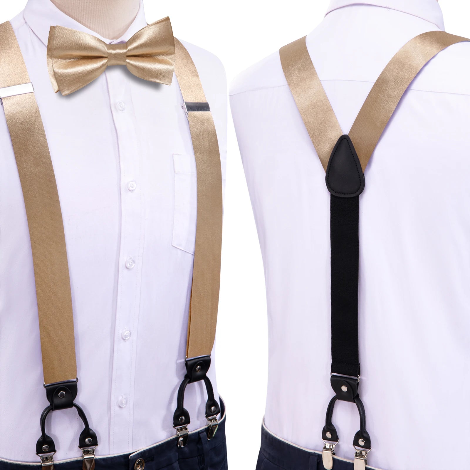 Hi-tie Silk Mens Braces Bowtie Hanky Cufflinks Y Back Clip Adjustable