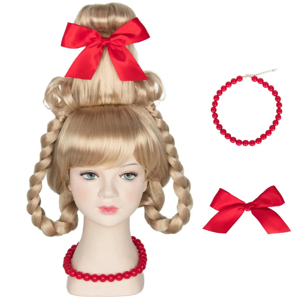 7PCS Cindy Lou Who Costume Cindy Wig Dress Cape Accessories Christmas Cosplay Outfits for Halloween Party Adult Qme