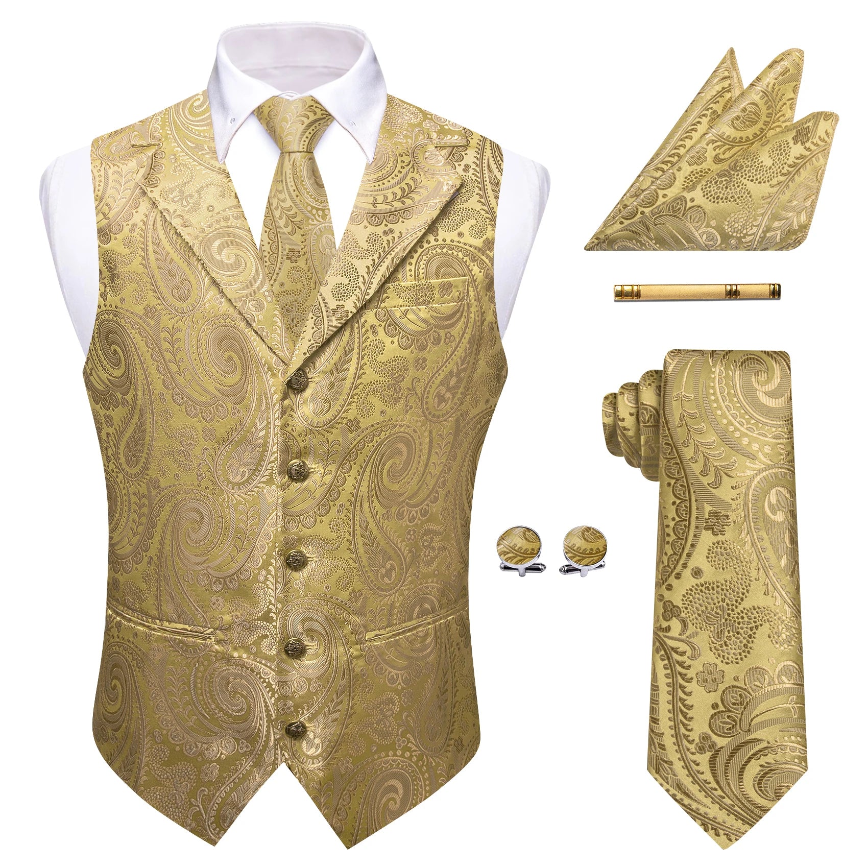 Mens Suit Golden Black Purple Orange Vest Tie Hanky Cufflinks Set Paisley Waistcoat for Male Wedding Busniess Qme MJTZ9091 XXXL