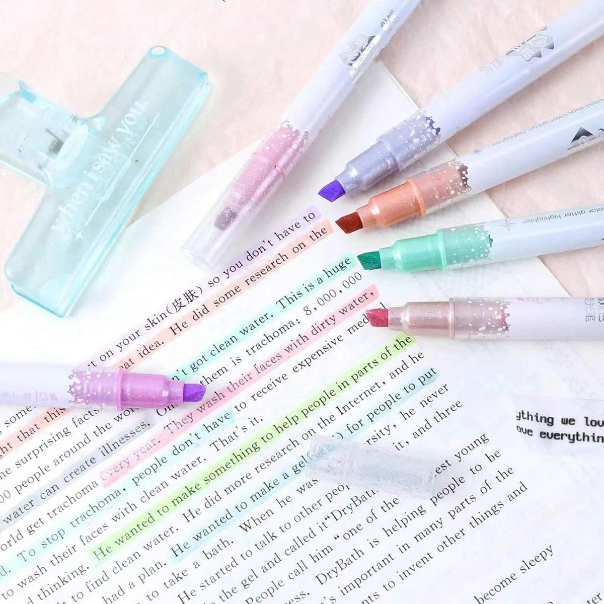 Glitter Highlighters, Chisel Tip, Highlighter Marker Set Fluorescent Highlighters Classroom Journaling Assorted Colors 6 Count Qme