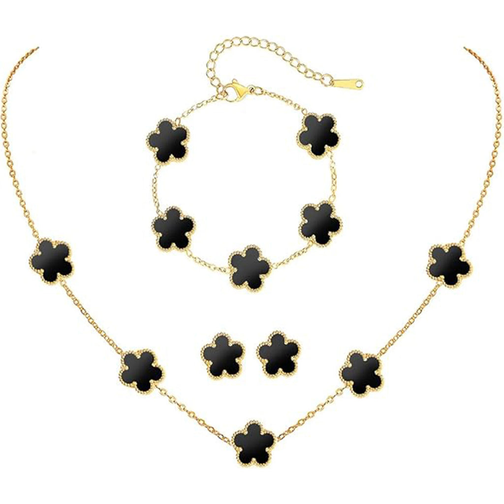 3PCS Temperament Women Clover Stainless Steel Five Leaf Jewelry Set Bracelet Necklace Earrings Luxury for Daily Party Jewelry Qme