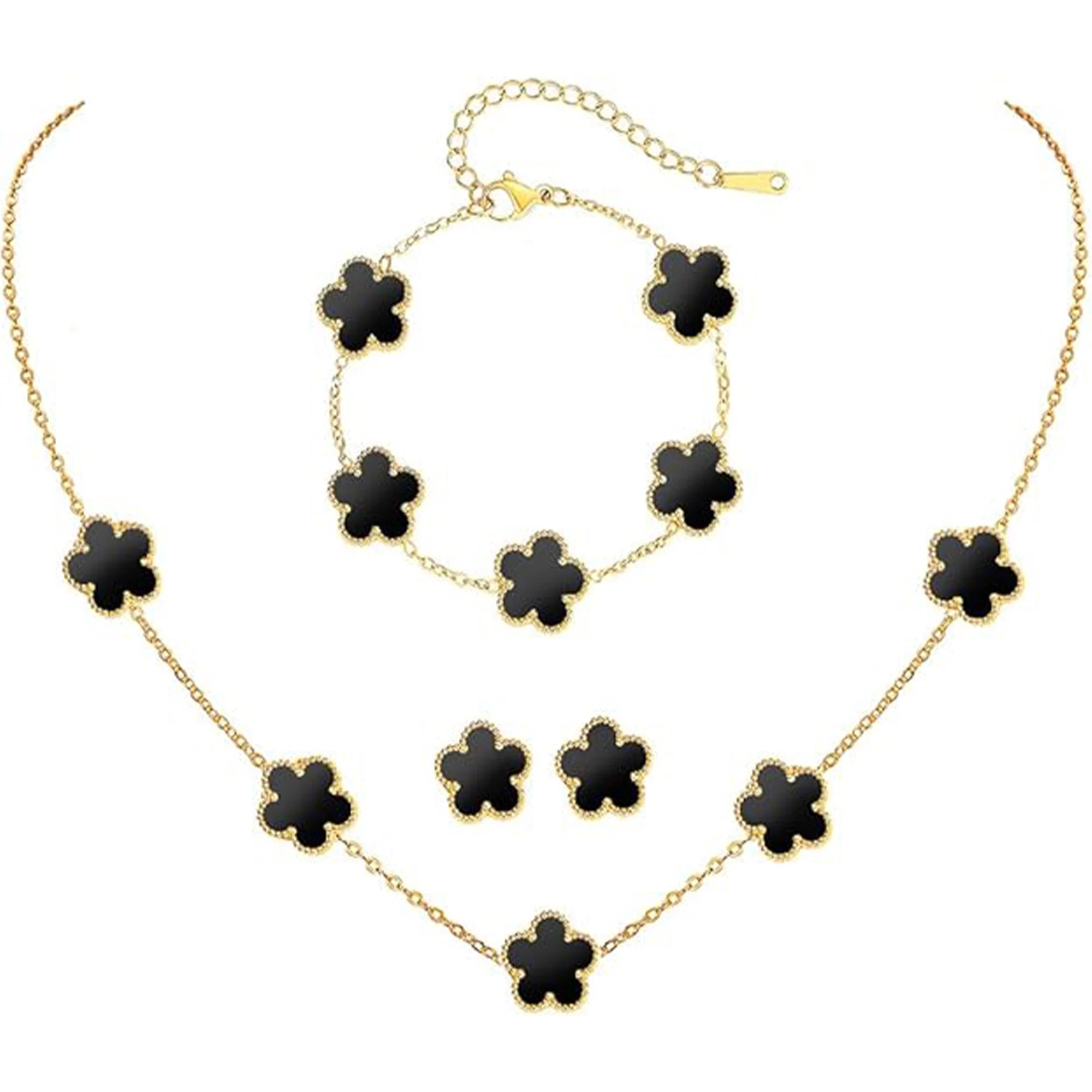 3PCS Temperament Women Clover Stainless Steel Five Leaf Jewelry Set Bracelet Necklace Earrings Luxury for Daily Party Jewelry Qme