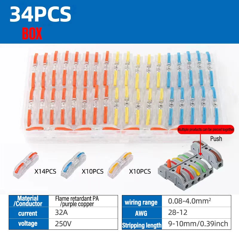Universal Lever Wire Connectors 1-To-1 Inline Compact Splicing Quick Electrical Connector Reusable Plug In Insulated Terminals Qme T211 34PCS