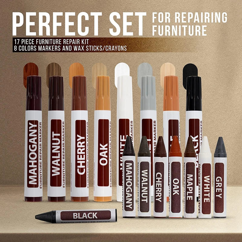 Furniture Markers Touch Up Wood Scratch Stain Repair 8 Felt Tip Wax Qme Set of 17