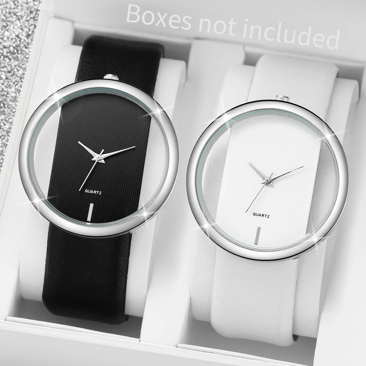 2026 Simple and Transparent Creative Cutout Fashionable and Dignified Leather Belt Couple Quartz Watch Qme 2PCS Without Box
