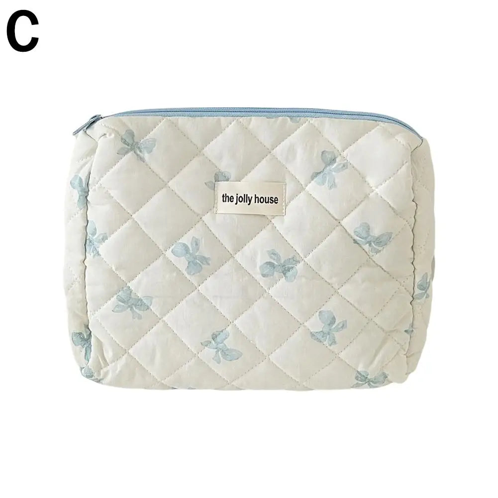 Quilted Makeup Bag 3 Sizes Floral Toiletry Cosmetic Pouch Organizer Qme blue-M
