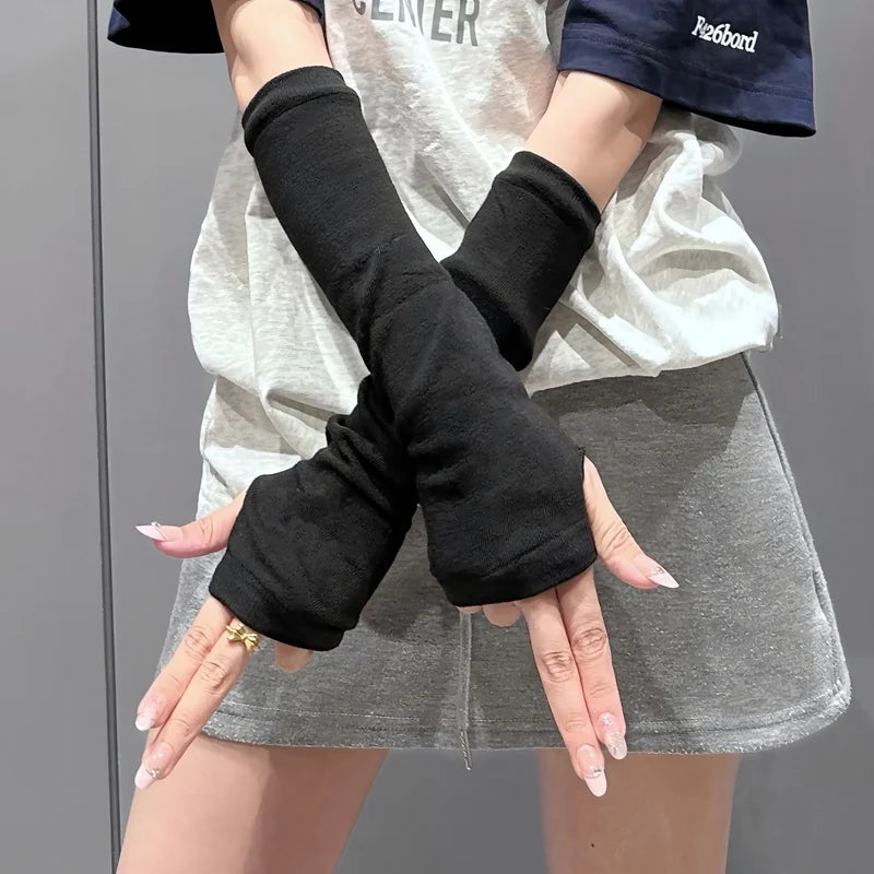 Punk Y2K Gothic Lolita Sleeves Fingerless Gloves Cuff Women Knitted Qme black