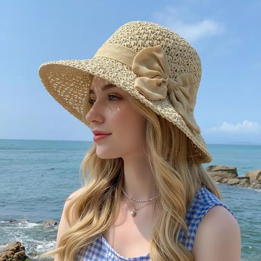Wide Brim Floppy Beach Sun Hat Hundred Throw Bucket Cap Bowknot Girls Qme