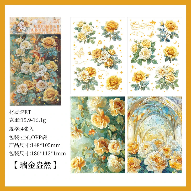 4pcs/pack Large size Aesthetic Flowers PET Stickers Shell Light DIY Scrapbooking Decor Stationery Collage Junk Journal Supplies Qme C