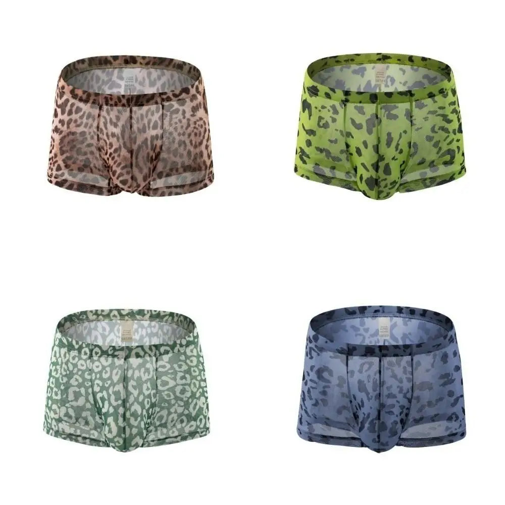 Breathable Leopard Print Men's Boxer Briefs Thin Flat Pants Mesh Qme
