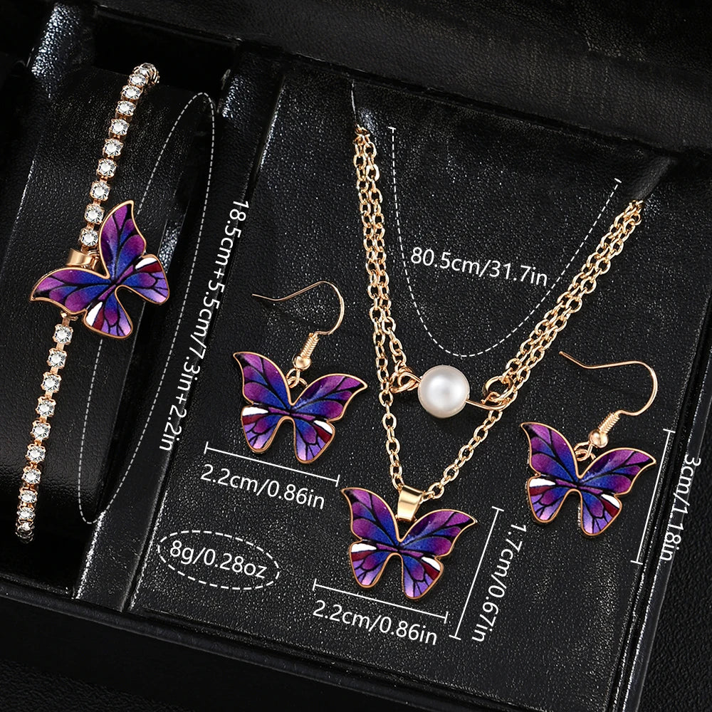 Rose Gold Ladies Purple Leather Watch Set Black Butterfly Glitter Dial Full Matching Purple Butterfly Pearl Jewelry Qme