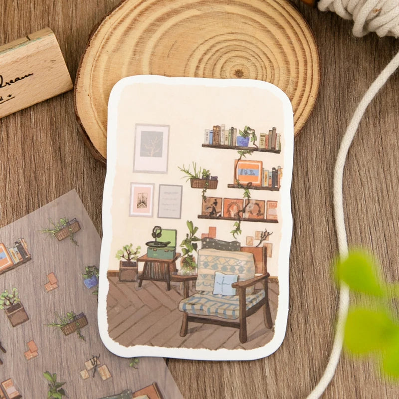 Life Archive Healing Scene Stickers, 4 Bags Set, Cozy Home Illustrations, Relaxing DIY Crafts for Journal Lovers Qme