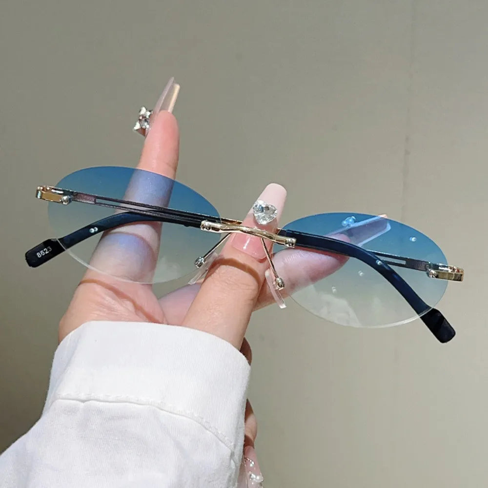 Trendy Vintage Frameless Sunglasses Metal Gradient Rimless Oval Sunglasses Small Frame Solid Color Fashion Shades Beachwear Qme Style 1 WHITE