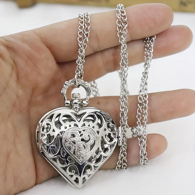 Retro Heart Pointer Quartz Pocket Watch - Hollow Out Analog Necklace Chain Pendant Watch - Perfect Valentines Gift for Her Him Qme Silvery