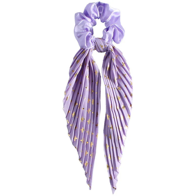 Handmade Pleated Hair Scrunchie with Long Ribbon,Elastic Hair Tie for Girls,Retro Ponytail Hair Rope Fashion Hair Accessories Qme Purple 3Pcs