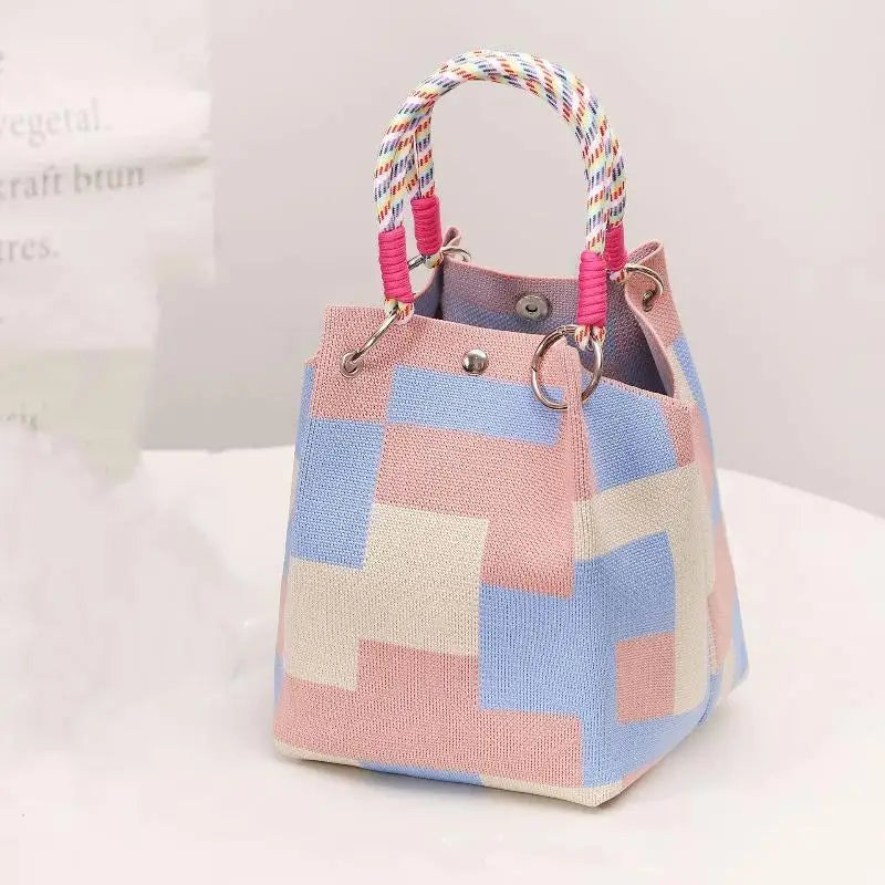 Mini Knitted Bucket Bag Women Small Handbag Geometric Colorblock Wristlet Purse With Detachable Handle 1PC Qme style 1