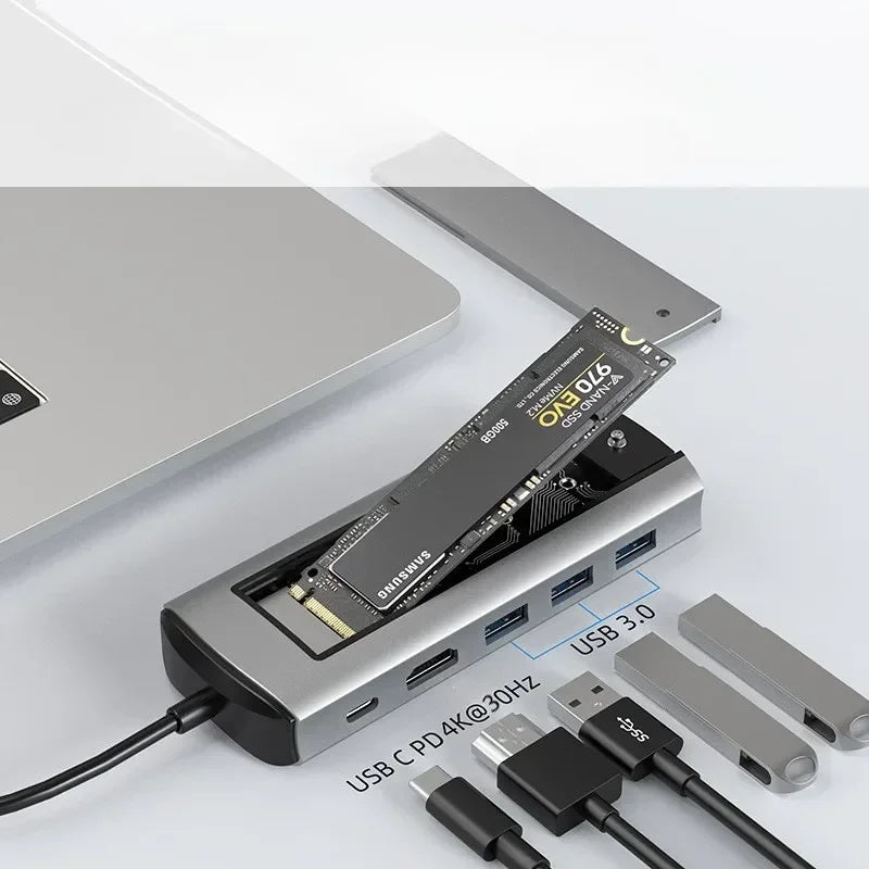 USB Hub With Disk Storage M.2 SSD USB Type-c to HDMI-Compatible Adapter Laptop Dock Station For Macbook Pro Air M1 M2 Qme USB3.0 6-in-1