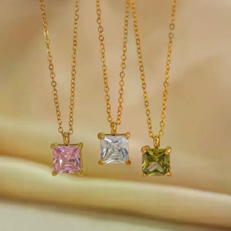 Minimalist Stainless Steel Pendant Necklace Square Colorful Zircon Jewelry for Work Business Casual Outfit Qme