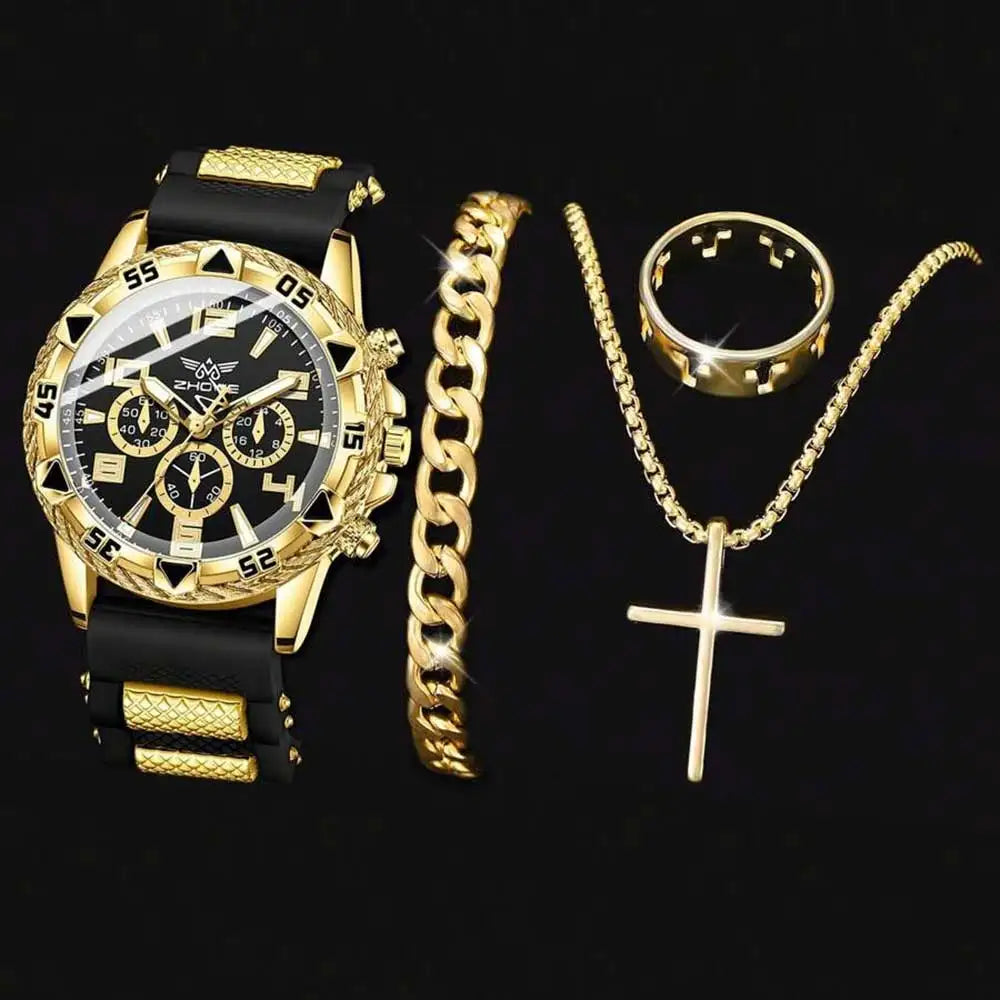 4PPC Gold shell black tape three eye men's sports watch Cuban chain cross necklace hollow ring four piece set Qme Black A