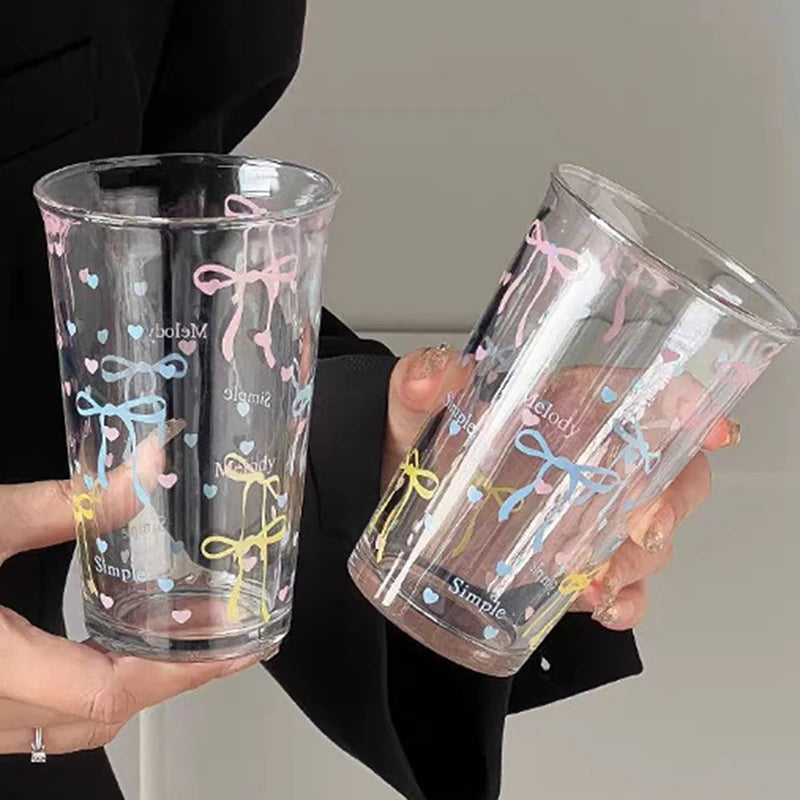Bow Glass Cute Water Cup Cartoon Striped Doodle Coffee Mug Household Qme