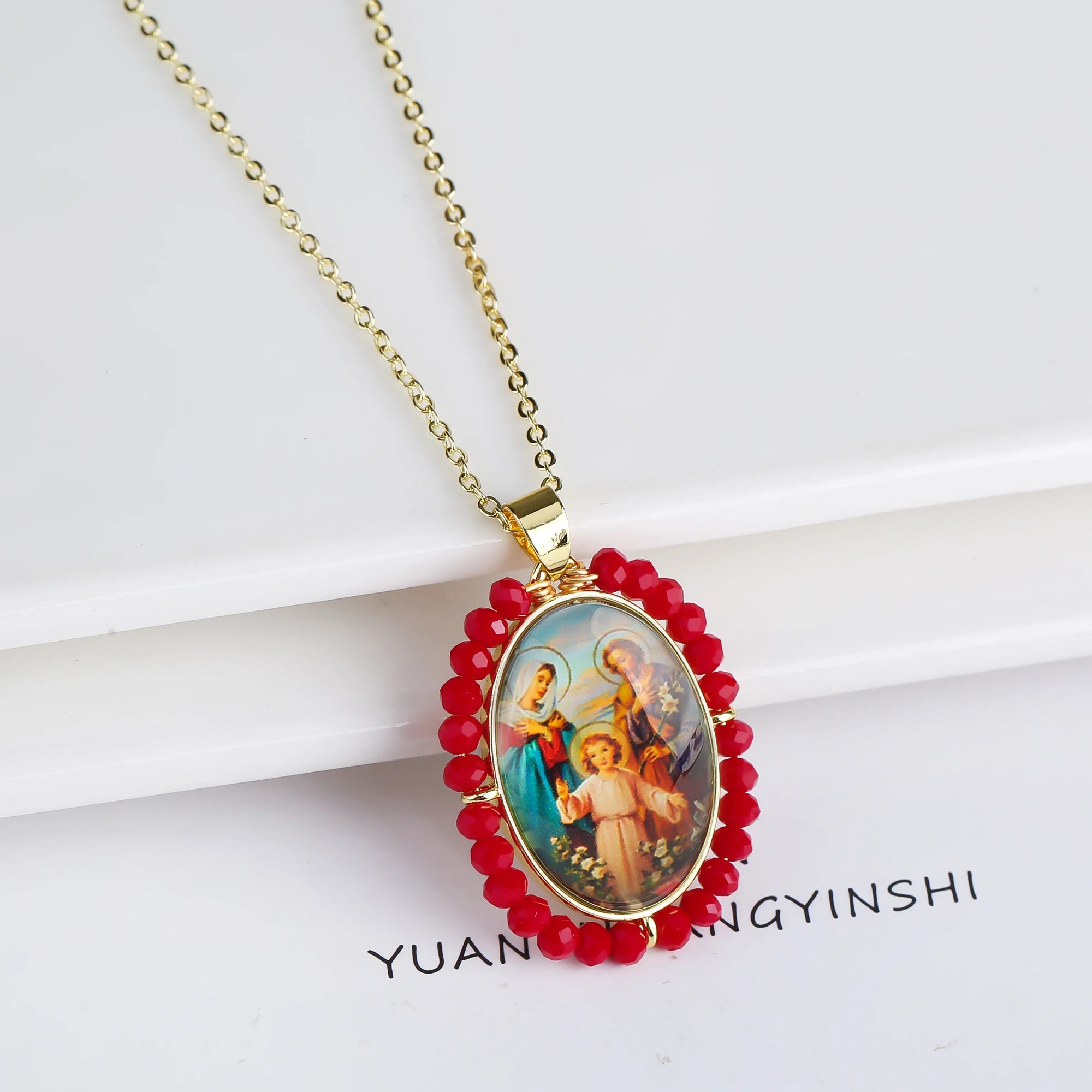 High Quality Hot Sale Religious Style Christian Catholic Image Pendant For Women Men Oval Shape Pave Beads Chain Choker Jewelry Qme 12