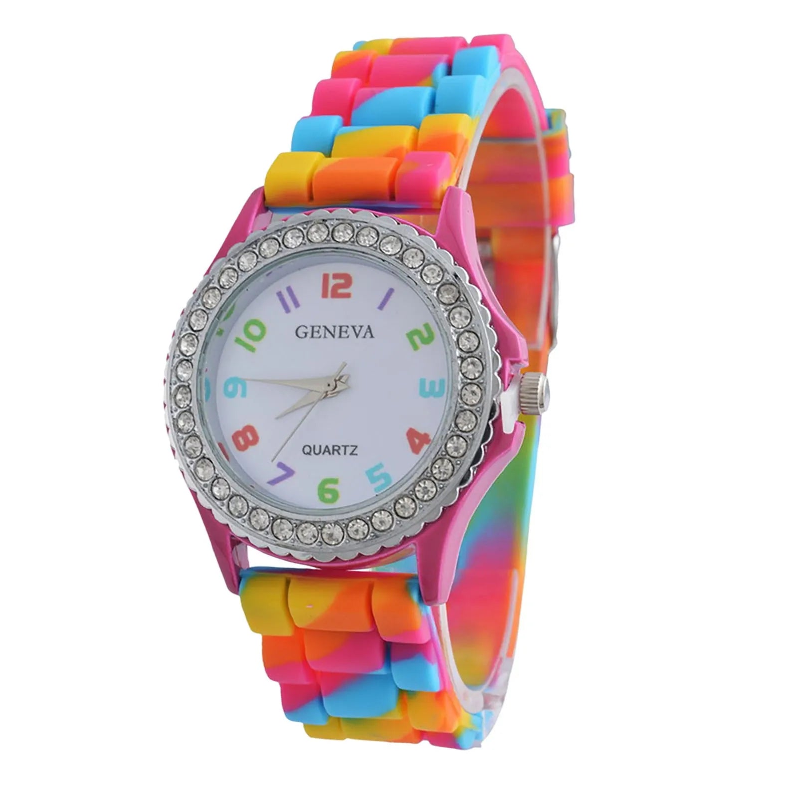 Girls’ Silicone Camouflage Watch Crystal Bling Quartz Wrist Watch Fashion And Cool Casual PU Strap Round Dial With Diamond Watch Qme K
