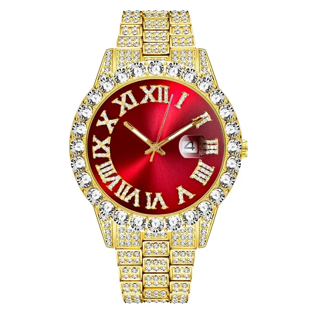 Iced Out Watch Men Luxury Brand Full Diamond Mens Watches AAA CZ Quartz Men's Watch Waterproof Hip Hop Male Clock Gift for Men Qme Gold Red