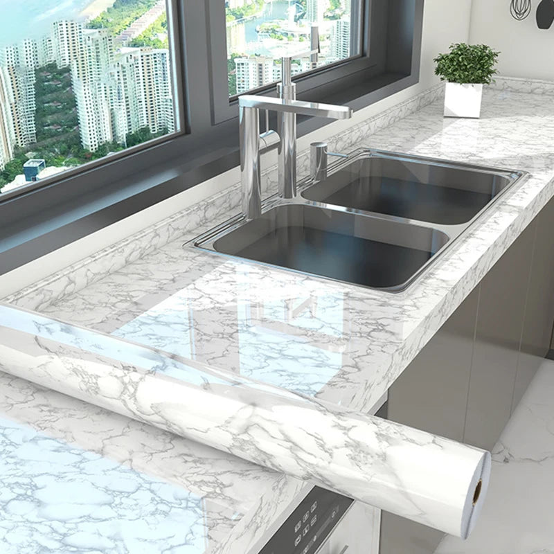 Marble Kitchen Self-adhesive Oilproof Tile Wallpaper Moisture-Proof Countertop Pantry Sticker Bathroom Waterproof Wall Stickers Qme Wind Snow White 40x500cm
