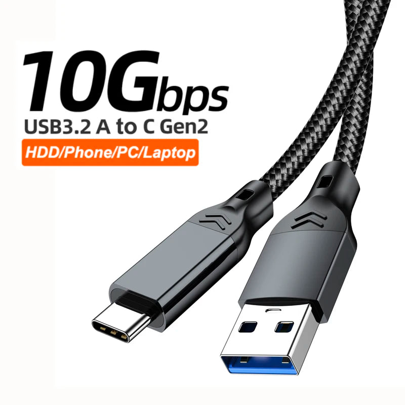 60W USB3.2 10Gbps Data Transfer Cable 0.5m/2m USB A to Type C Cord for Phones Hard Drives Laptops Cars Cameras Carplay Webcams Qme