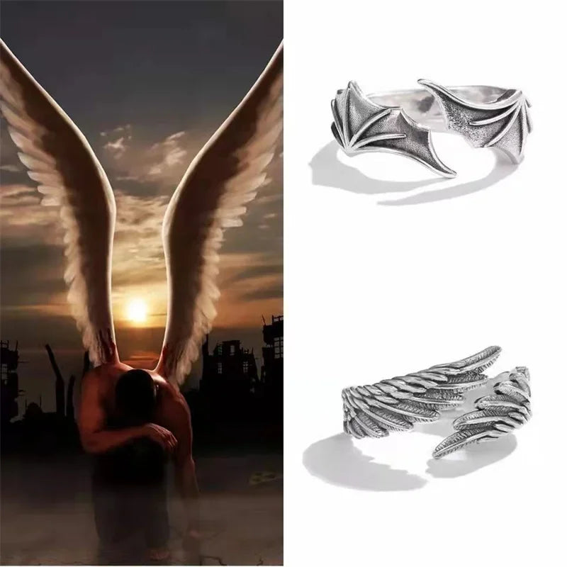 Retro Angel Demon Wing Couples Rings Men Women Charm Exquisite Jewelry Vintage Ancient Silver Color Punk Hip Hop Adjustable Qme