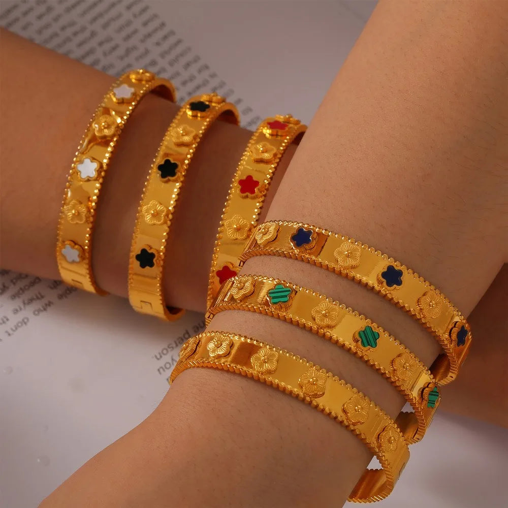 Unisex Gold/Silver Classic Stainless Steel Laser Five-Leaf Flower Open Bracelet & Bangles Simple For Woman Party Jewelry Clover Qme