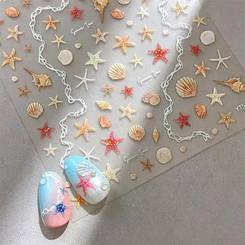 1 Sheet 5D Summer Seashell Nail Sticker Shiny Embossed Starfish Nails Qme