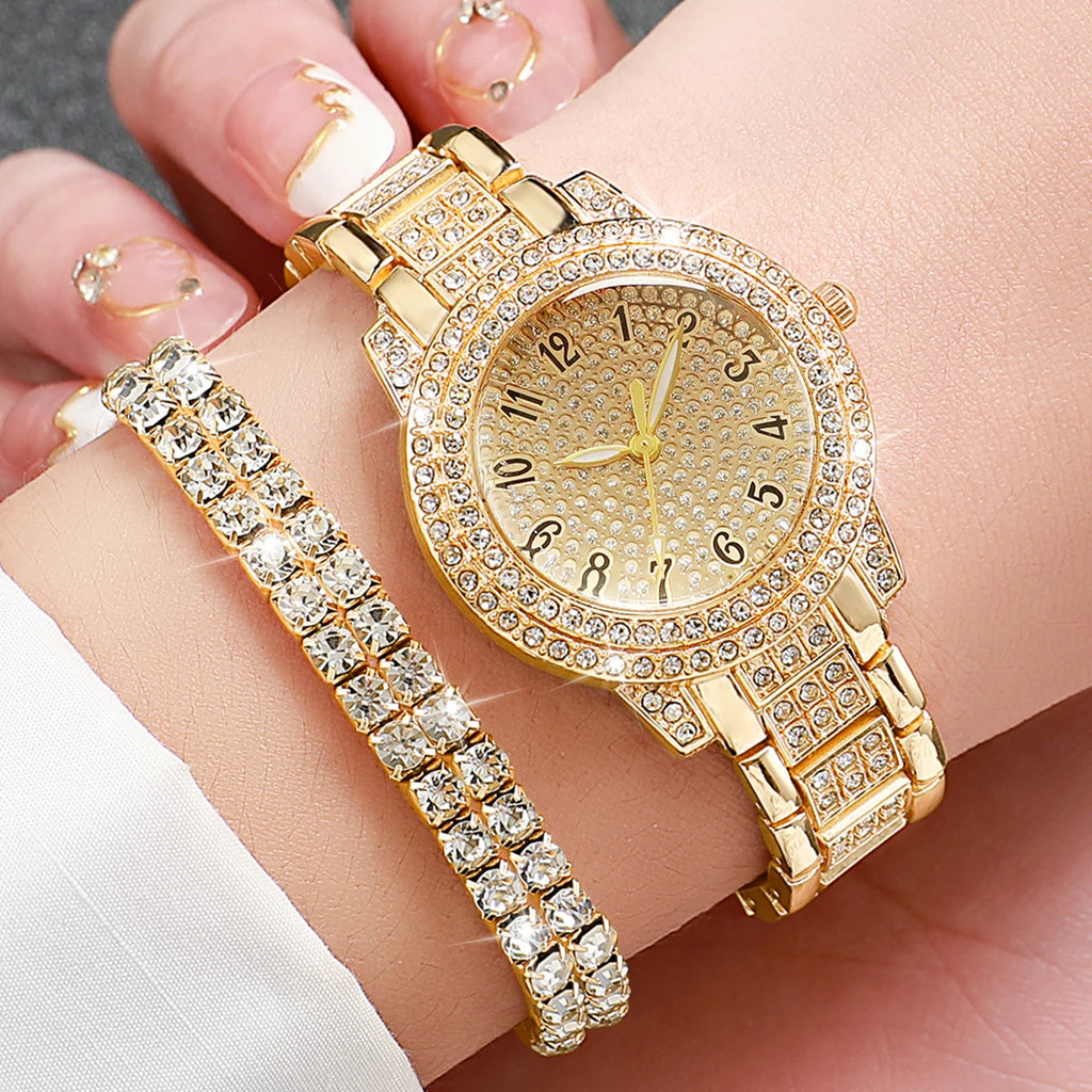 6peçmodacheia de diamantes relógio feminino pulseira de aço dourado relógios de quartzo analógicos conjunto de joias (sem caixa) Qme