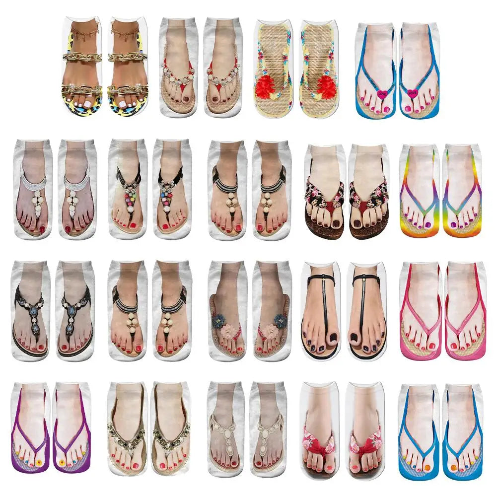 Fashion Canvas Flip Flop Shoes Cotton Socks 3D Printed Skeleton Summer Funny Kawaii Skull Foot Low Cut Ankle Socks For Women Sox Qme