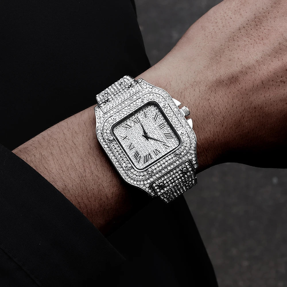 Luxury Moissanite Iced Out Watches Hip Hop Bust Down Unisex Diamond Watch, Stainless Steel Moissanite Studded Wrist Watch Qme