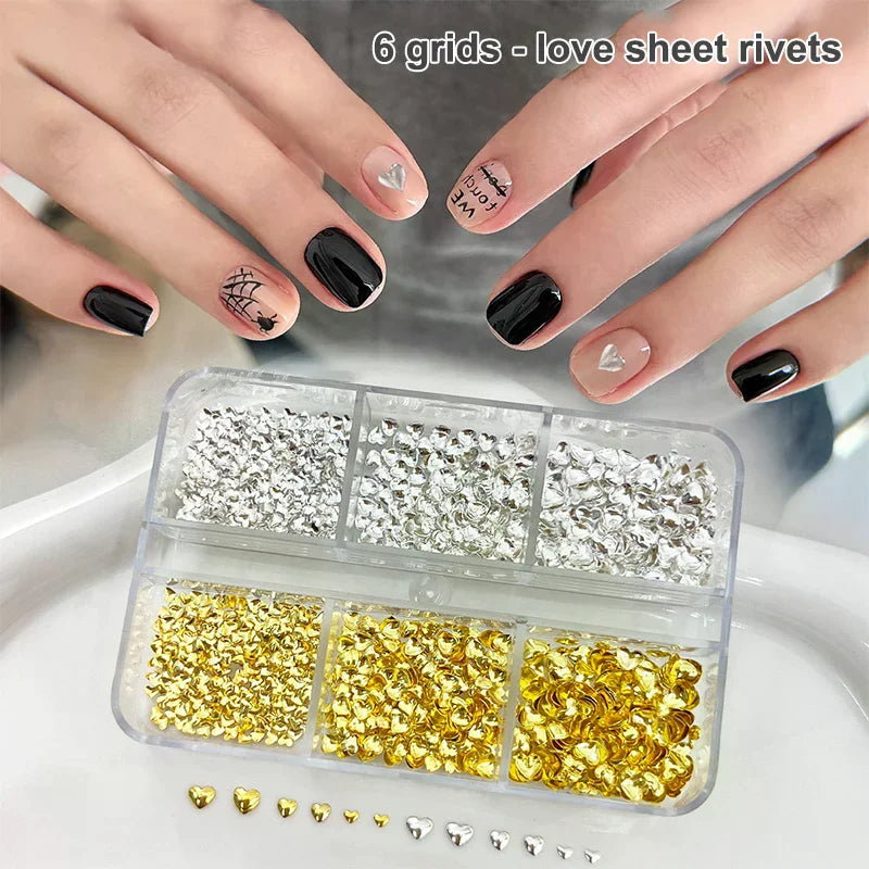 6Grids 3D Metal Heart Nail Art Charms Gold Silver Starlight Rivets Qme Default Title