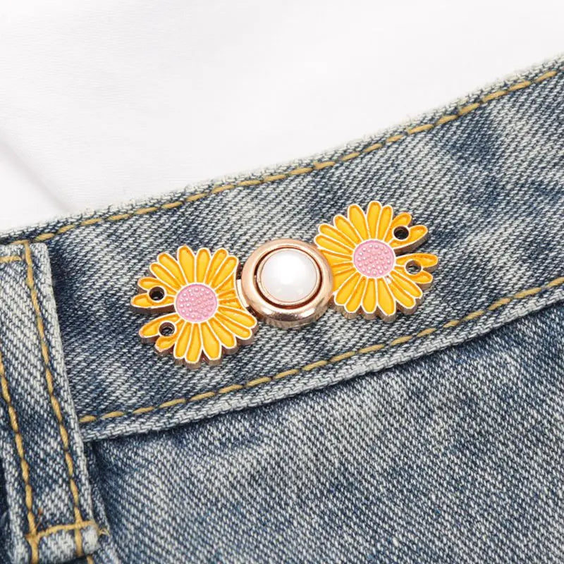 Reusable Metal Flower Buttons Pearl Snap Fastener Pants Pin Retractable Sewing-on Buckles for Jeans Fit Reduce Waist Accessories Qme A7 3PCS