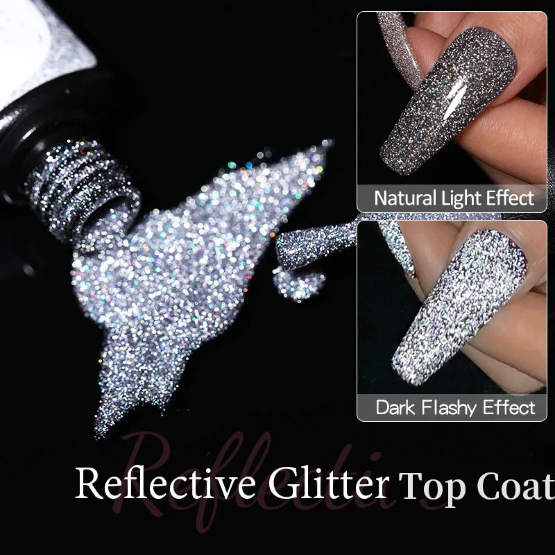 Reflective Glitter Coat Gel Nail Polish Silver Colorful Sparkling Qme