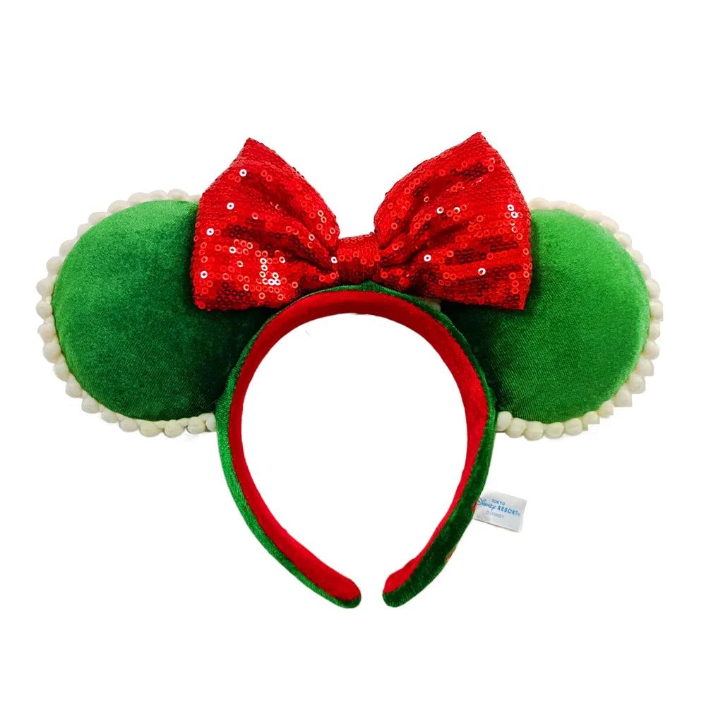 Christmas Minnie Mouse Green Ear Headband Holiday Party Red Bow Hairband COSTUME Headband Cosplay Plush Adult/Kids Headband Gift Qme Headband 2