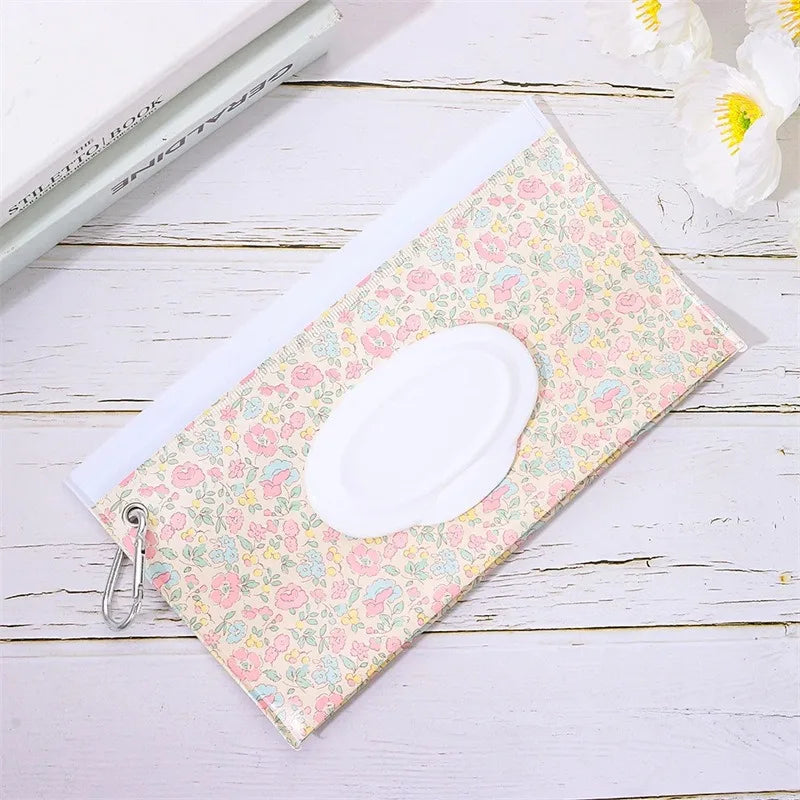 EVA Baby Wet Wipe Pouch Portable Wipes Holder Case Flip Cover Snap-Strap Reusable Refillable Cosmetic Pouch Useful Tissue Box Qme flowerpink
