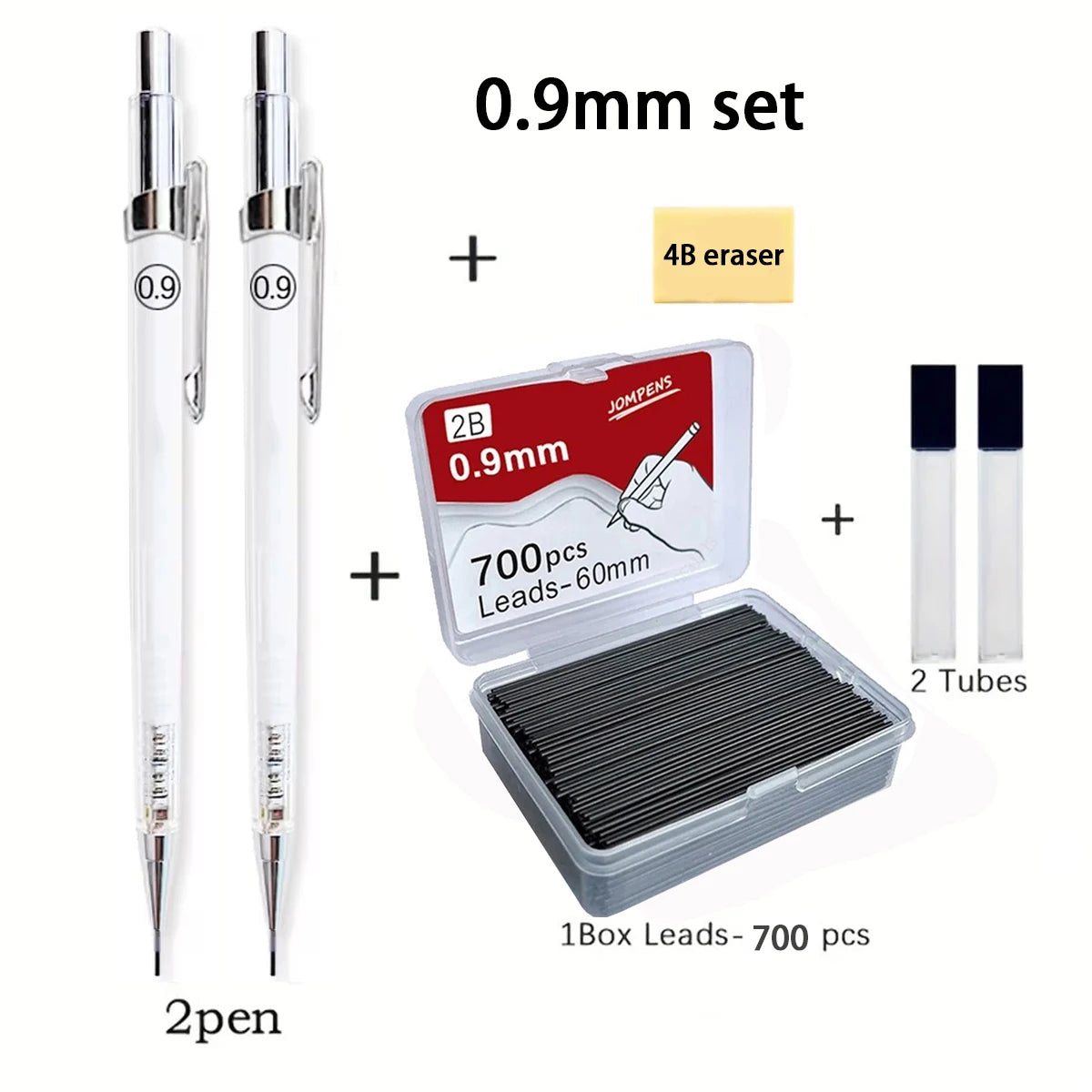 Art Drawing Transparent Mechanical Pencil 0.5/0.7/0.9mm Replaceable 2B Lead Refills + 2 Dispensing Tubes Office Supplies Qme 0.9mm set