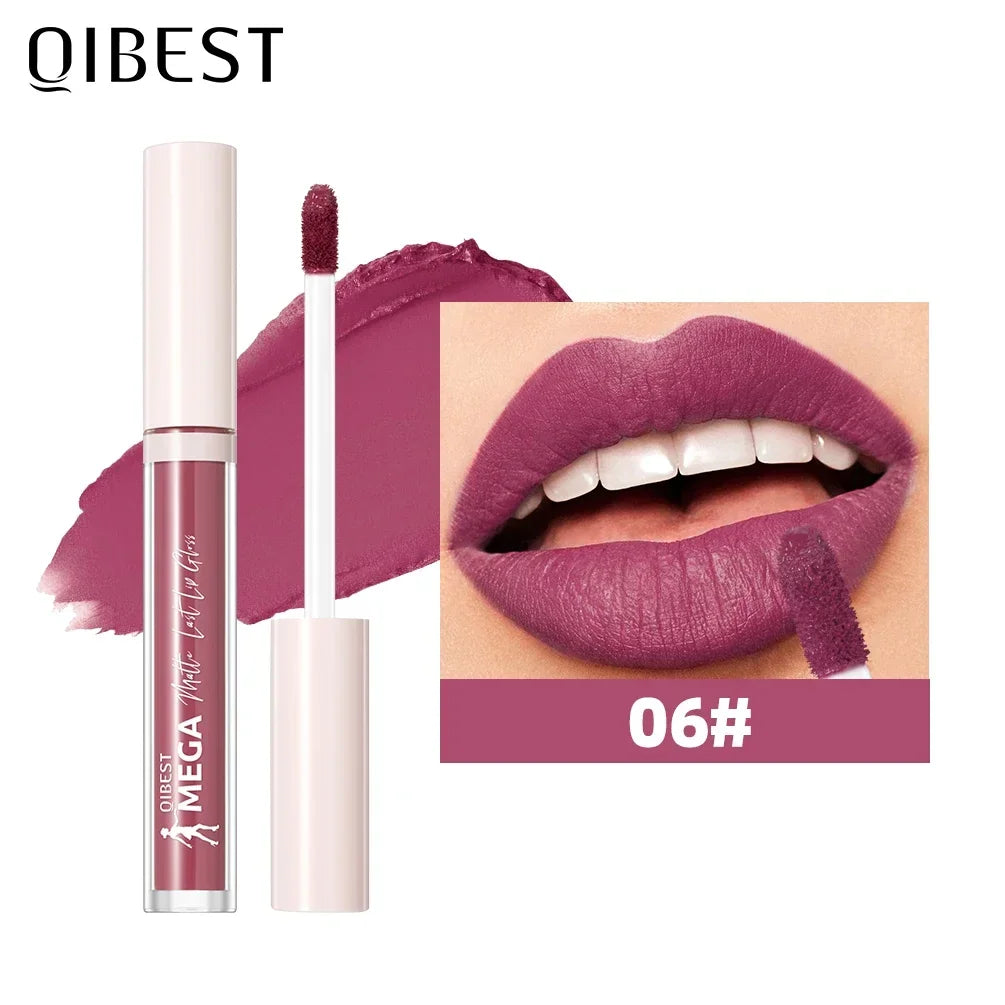 QIBEST New 24 Colors Matte Liquid Lipstick Long lasting Nude Brown Purple Lip tint Non-Stick Sexy Red Lipgloss Waterproof Makeup Qme 06