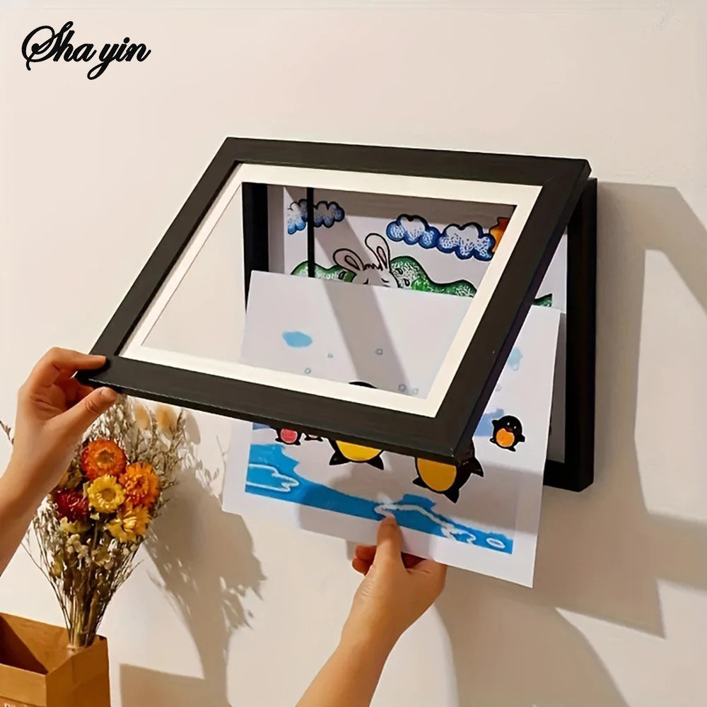 Flip Up Wooden Photo Frame, Magnetic Suction Frame, A4 Children's Photo Frame, Storage Frame, Art Work Certificate Frame Qme