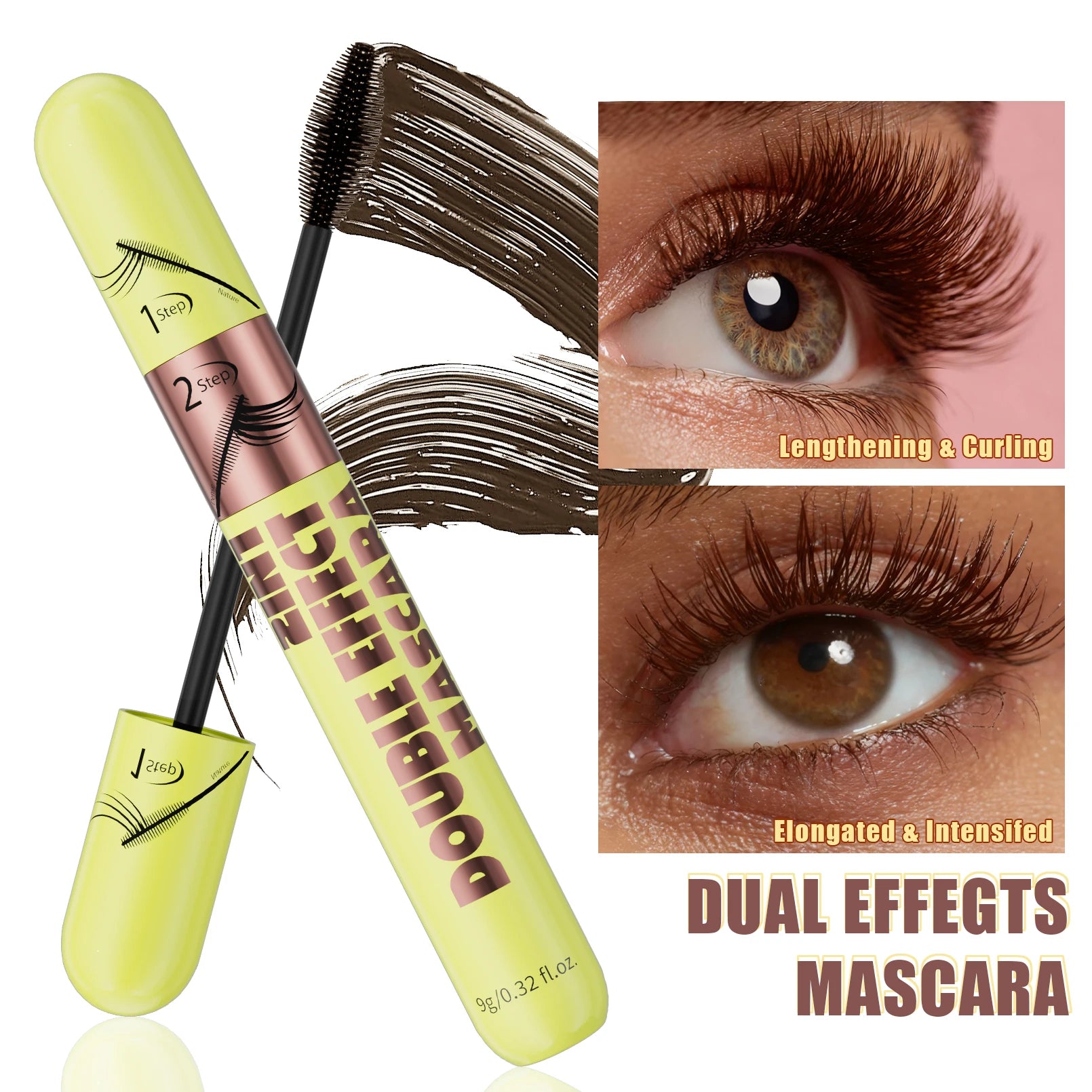 [Dual Brush Heads Brown Mascara] Waterproof Brown Mascara with Dual Brush Heads - Smudge-Proof, Clump-Free for Longer Qme