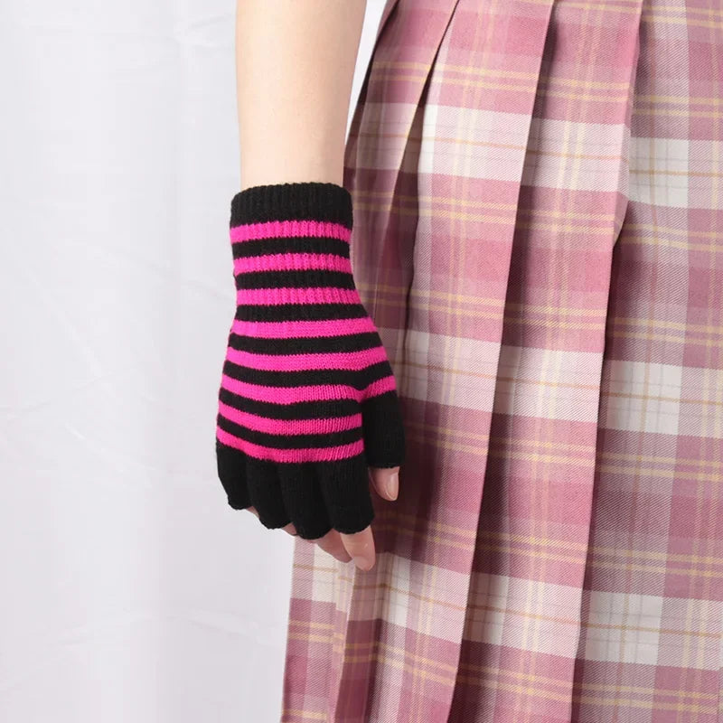 1Pair Black Stripe Half Finger Fingerless Gloves for Women and Men Knit Wrist Cotton Winter Warm Outdoor Gothic Lolita Mittens Qme black roseo One Size