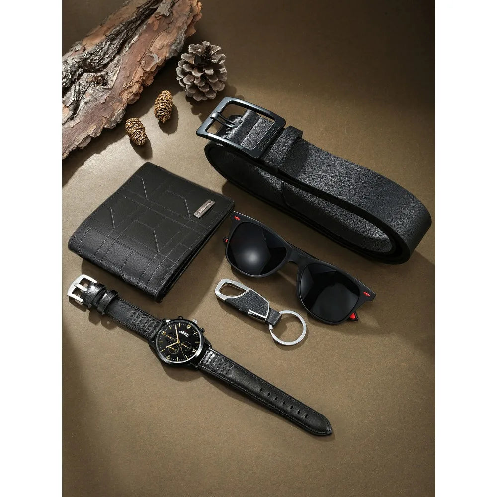 Conjunto de caixas de presente de couro versátil masculino, elegante e versátil, óculos bonitos, cinto, chaveiro,carteira casual Qme