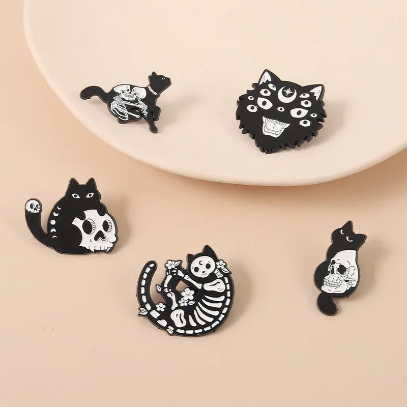 Black Cat Enamel Pin Skull Skeleton Brooch Badge Animal Gothic Flower Jewelry Kids Gift Party Lapel Clothes Backpack Wholesale Qme