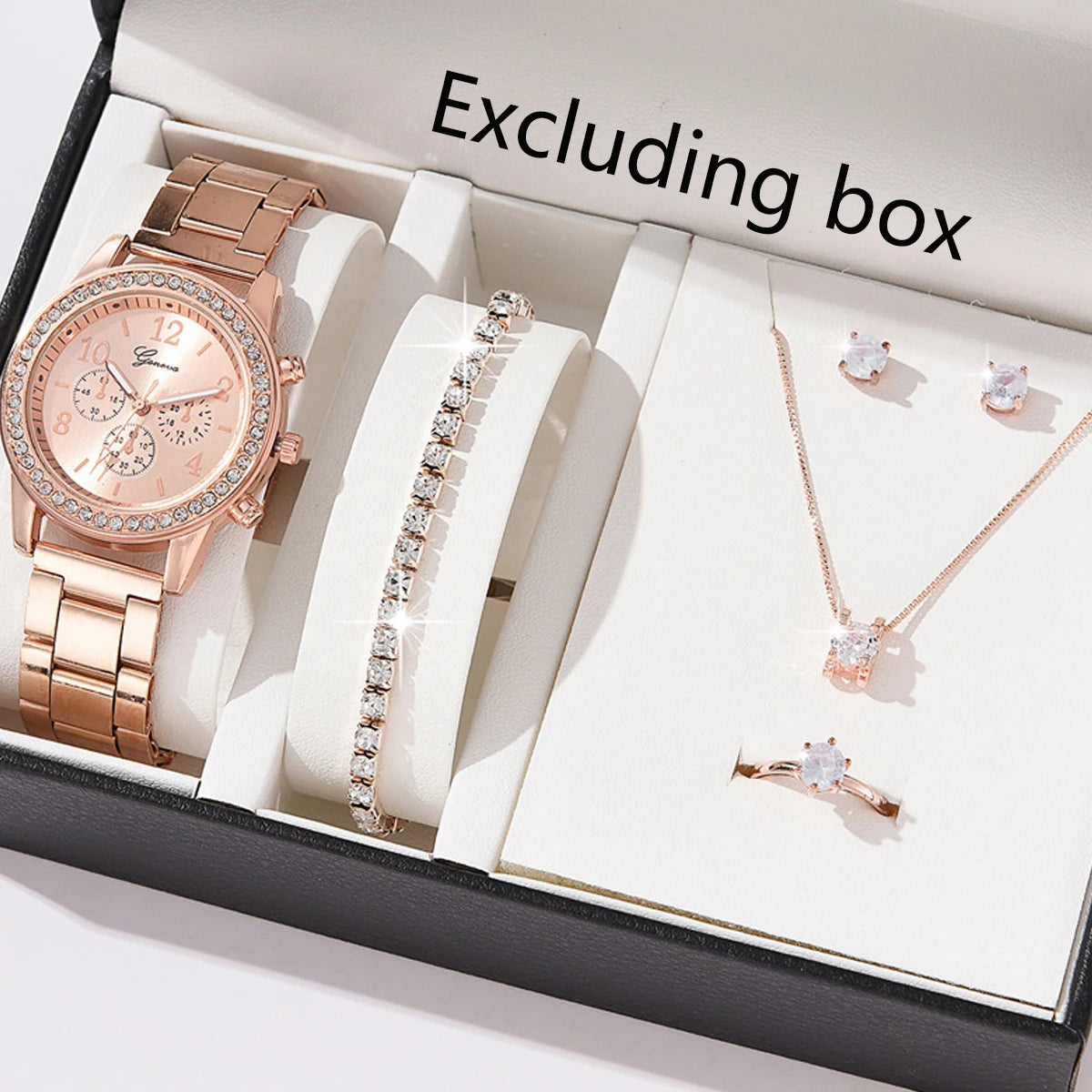 5pcs/set steel strip women's watch fake three eye women's casual Korean version quartz watch set Qme rose gold set