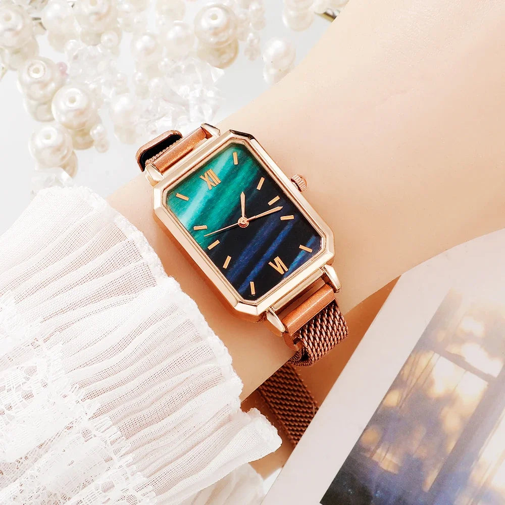 Women Watches Fashion Square Ladies Quartz Watch Bracelet Set Green Dial Simple Rose Gold Mesh Luxury Women Watches Qme