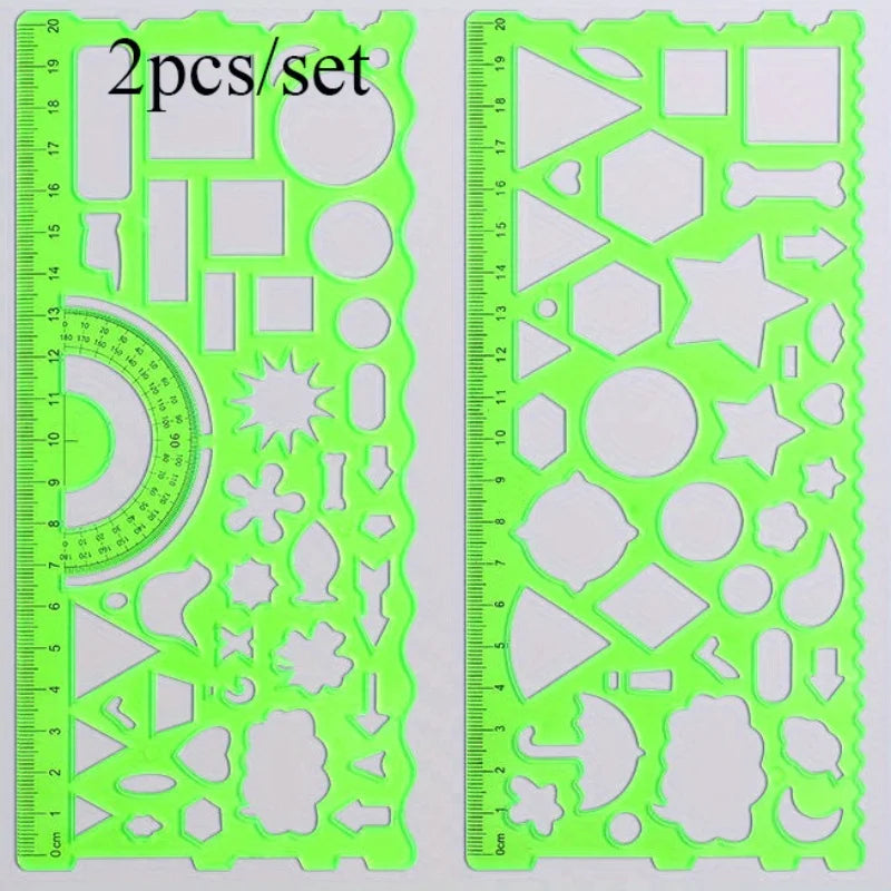 2pcs/set Multifunctional Geometric Ruler for Drawing and Crafting - Flower, Semicircle, and Geometric Patterns - Fun Qme Green